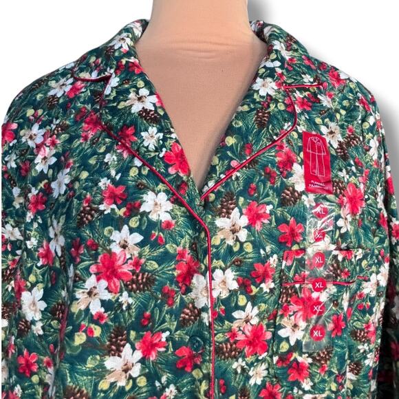 Winter Floral Flannel Pajama Set Charter Club Green Red White XL Cozy Warm New - Picture 2 of 11